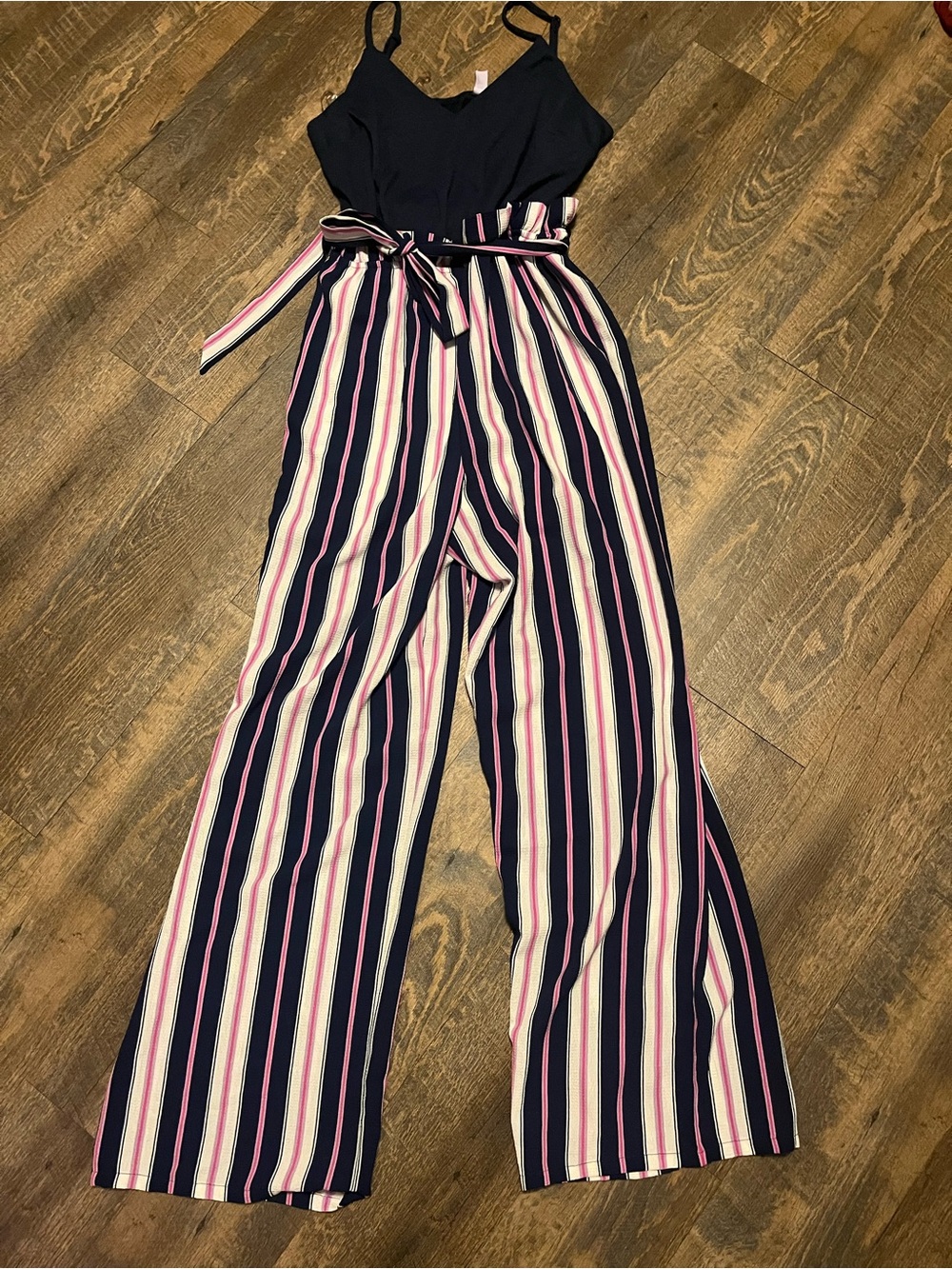 Alya Navy Jumpsuit with Pink & Cream Vertical Stripes